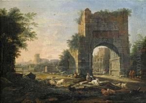 Rome At Evening Light.
Herdsmen At The Arch Of Drusus,
In The Background The Colosseum And The Tower Of S.
Francesca Romana. by Willem Van Bemmel