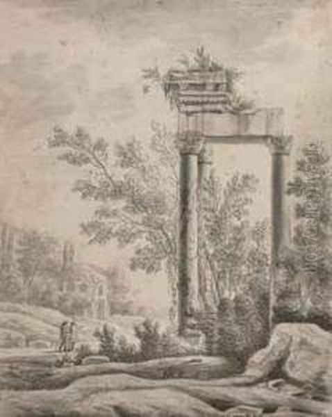 A Classical Ruin In An Italianate Landscape With Two Travellers Ona Path, A Ruin Beyond - view 1