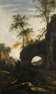 An Italianate Landscape With Figures Resting Before An Arch by Willem Van Bemmel