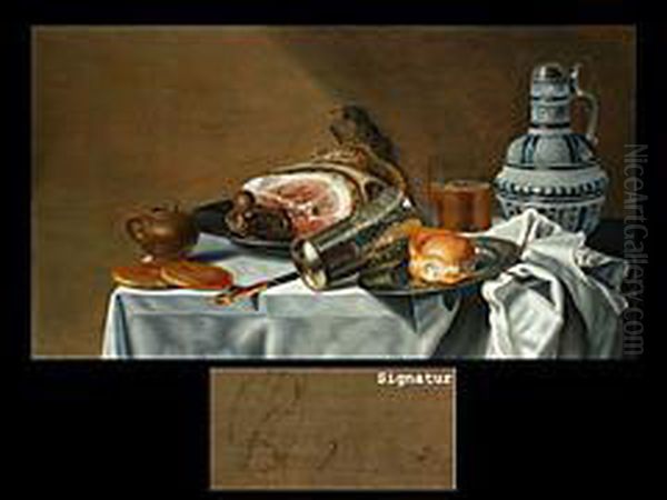 Stilleben Mit Einem Grossen Schinken, Silberbecher, Zinnteller,brotchen, Westerwalder Krug Sowie Senftopfchen Und Messer - view 1