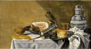A Still Life With A Ham And A Bun On Pewter Plates, A Silver-gilt Beaker, A Beer Glass, A Stoneware Jug, A Knife, Bread And A Stoneware Mustard Jar, All On A Table Draped With A White Tablecloth by Pieter Van Berendrecht