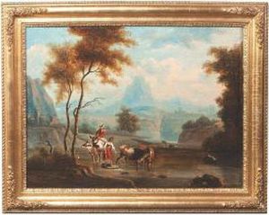 Figures And Cattle Crossing A Stream In Anitalianate Landscape by Dirk van Bergen