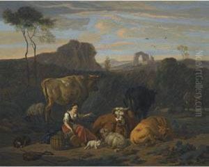 An Italianate Landscape With A Shepherdess Looking After Livestock by Dirk van Bergen