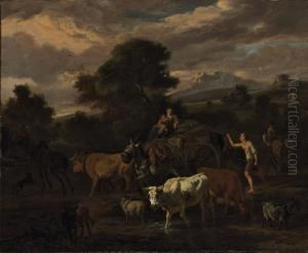An Italianate Landscape With A Herder by Dirk van Bergen