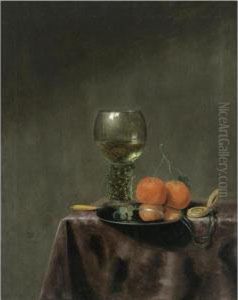 Still Life With A Roemer, Oranges, A Watch And A Silver Plate, All Arranged On A Draped Table by Gerard Van Berleborch