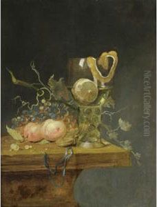 A Still Life With A Roemer And A Peeled Lemon, Peaches, Grapes, A Watch, All On A Wooden Ledge by Gerard Van Berleborch
