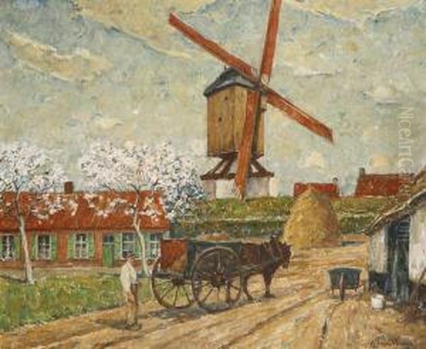 Landschap Met Boer Met Kar Bij Windmolen - view 1