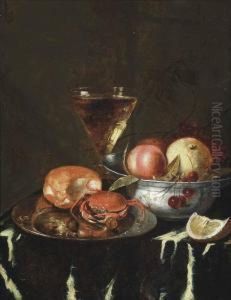 A Crab On A Pewter Platter, A Peach, Cherries In A Pewter Bowl And A Wine Glass
