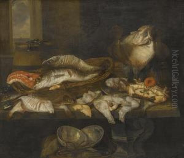 A Still Life With Salmon, Plaice, A Crab And Other Fish Arranged On A Table, A View Of The Sea Beyond - view 1