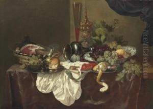 A Roemer, A Langoustine And A Ham On Pewter Plates