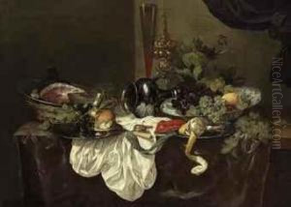 A Roemer, A Bread Roll, A Peeled Lemon, A Langoustine And A Ham Onpewter Plates, With An Upturned Pewter Jug, Grapes And A Lemon In Awan-li Kraak Porcelain Bowl, A Tall Wine Glass And A Cup And Coveron A Partially Draped Table - view 1