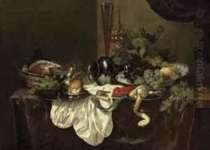 A Roemer, A Bread Roll, A Peeled Lemon, A Langoustine And A Ham Onpewter Plates, With An Upturned Pewter Jug, Grapes And A Lemon In Awan-li Kraak Porcelain Bowl, A Tall Wine Glass And A Cup And Coveron A Partially Draped Table