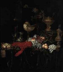 A Lobster, A Crab On An Enamelled Plate, Peaches, Grapes, Glassesof Wine And Guilded Vessels On A Draped Table