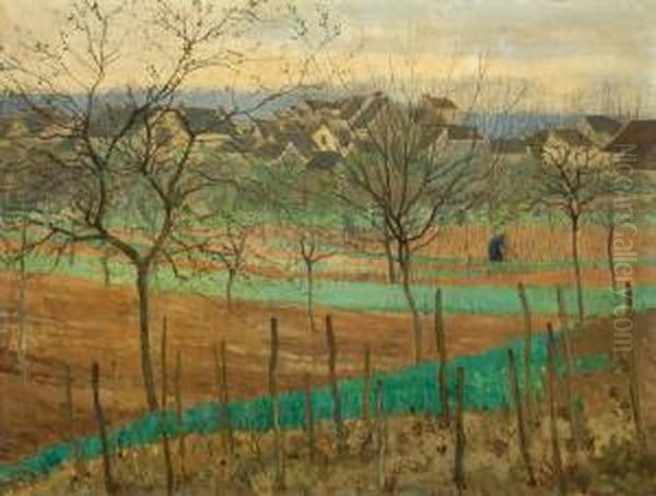 A Woman Working In A Field With A Village In The Background - view 1