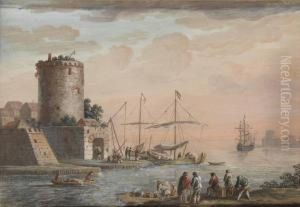 Pecheurs A L'entree D'un Port Fortifie by Henri-Desire Van Blarenberghe