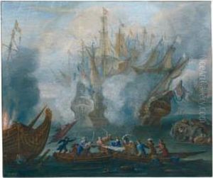 A Sea Battle, With Sailors Sword-fighting
