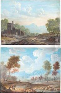 A Pair Of Wooded Landscapes With Travellers And Mountains In The Background