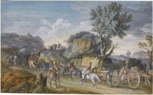 A Pair Of Military Scenes: An Encampment Outside A Village And Aconvoy Marching Through A Rocky Landscape by Henri Joseph Van Blarenberghe