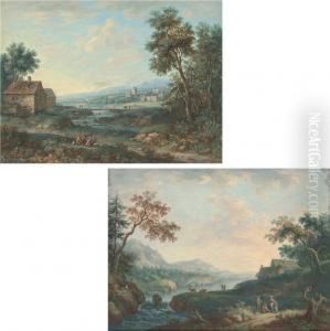 A Walled Town In A Wooded River Landscape by Henri Joseph Van Blarenberghe