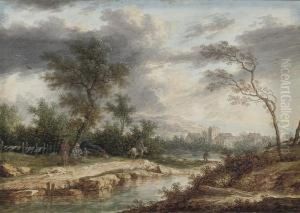A River Landscape With Travellers By A Campfire, A Village Beyond