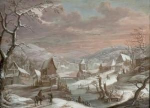 Un Cavalier Et Un Colporteur Pres D'un Village Enneige Gouache.