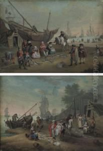 Des Pecheurs Vendant Leurs Produits Au Bord De La Mer, Des Bateaux Au Fond; Et Des Pecheurs Vendant Leurs Produits A Deux Couples Elegants
