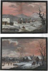 A Pair Of Winter Landscapes With Travellers Near Villages
