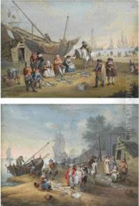 A Pair Of Shore Scenes With Fisherfolk Selling Their Wares by Jacques Willem Van Blarenberghe