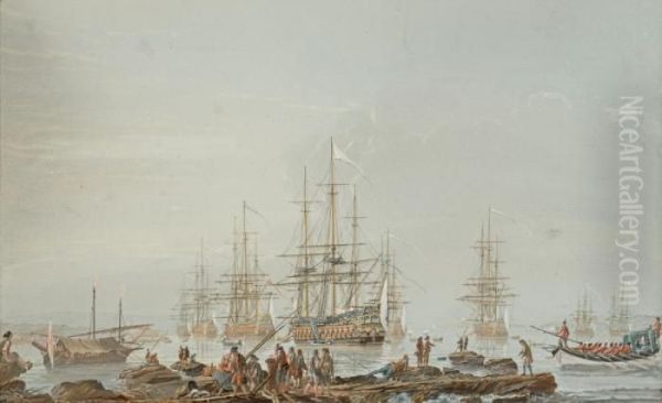 Batiment De Commandement Et Sept Vaisseaux Au Mouillage Dans Le Port De Genes - view 1