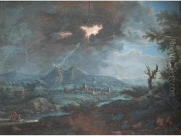 Figures In A Storm In An Extensive Landscape, A Town Beyond - view 1