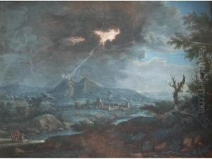 Figures In A Storm In An Extensive Landscape, A Town Beyond by Louis Nicolael van Blarenberghe