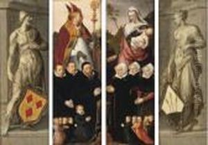 Two Altarwings: Portraits Of Male Donors With Their Patron Saint, With On Reverse A Male Figure Holding A Coat-of-arms, 'en Grisaille'; And Portraits Of Female Donors With The Virgin And Child, With On Reverse A Female Figure Holding A Coat-of-arms by Anthonis Van Blocklandt