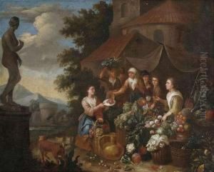 Selling Vegetables And Flowers At An Italian Market Stand. by Norbert van Bloemen