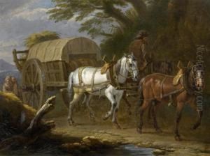 Horse And Cart With Peasant Folk On A Forest Road by Pieter van Bloemen