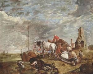 A Coastal Landscape With Peasants And A Horse And Cart On The Shore by Pieter van Bloemen