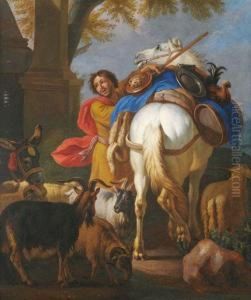 Ein Reisender Mit Seinem Pferd, Ziegen Und Esel