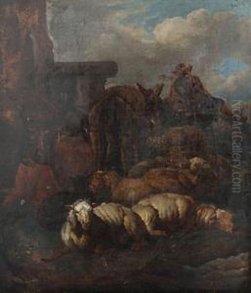 Shepherd With Sheep, Cow And Donkey Resting By A Ruin - view 1