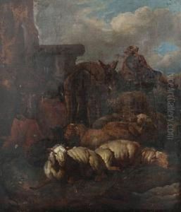 Shepherd With Sheep, Cow And Donkey Resting By A Ruin by Pieter van Bloemen