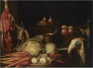 A Kitchen Still Life With Carrots, A Cabbage And Turnip Radishes, With A Copper Pot, Dead Poultry And A Leg Of Ham Suspended From A Hook, Together With A Cat Stealing A String Of Sausages by Abraham Van Blyenberch