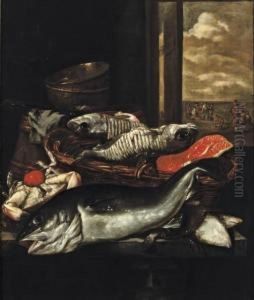 Fish, A Crab, A Basket And Pots On A Table Before A Window, Figures On A Beach Beyond