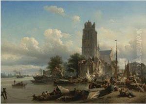 A Busy Harbour With Merchants Unloading Their Goods