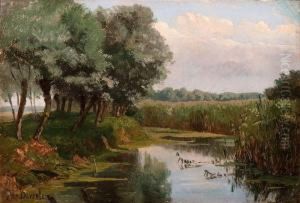 Row Of Trees Near The Water With A View Over The Fields by Jan Willem Van Borselen