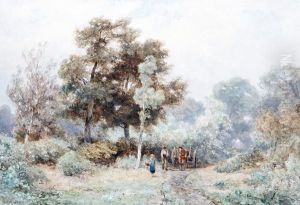 Figures And A Cart On A Woodland Path by Jan Willem Van Borselen