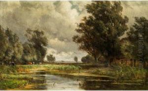 Hirte Mit Rindern Inbaumlandschaft by Jan Willem Van Borselen