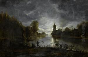 A Moonlit River Landscape With Fishermen On A Shore And A Village In The Distance by Anthonie Van Borssom