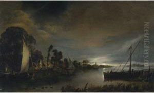 A Moonlit River Landscape by Anthonie Van Borssom