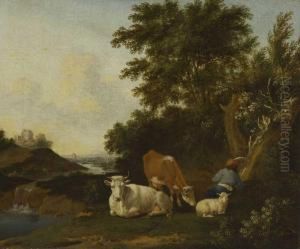 Ruhender Hirte Mit Kuhen Und Schaf In Flusslandschaft by Anthonie Van Borssom