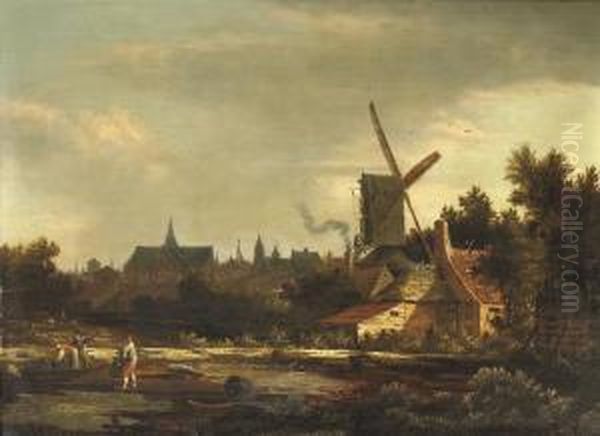 A Dutch Town With Figures At Work In Bleaching Fields - view 1
