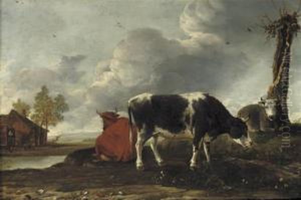 Cattle On A Riverbank With A Cottage Beyond - view 1