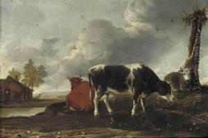 Cattle On A Riverbank With A Cottage Beyond by Anthonie Van Borssom